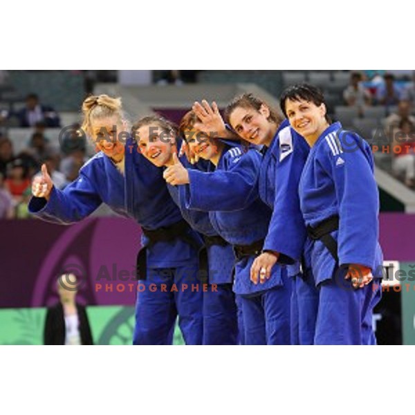 Anamarija Velensek,Anka Pogacnik, Tina Trstenjak, Vlora Bedeti, Petra Nareks of Slovenia, winners of Bronze Medal at Judo Team event in Heydar Aliyev Arena at First European Games Baku 2015 in European Games Park, Azerbaijan on June 28, 2015