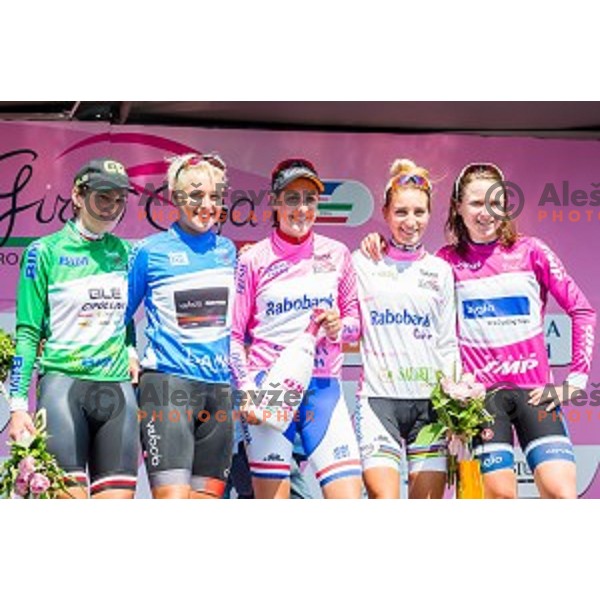 Jasinska Malgorzta of team Ale Cipollini, Barbra Gaurischi of team Velocio-SRAM, Lucinda Brand, Pauline Ferrand Prevot of team Rabo-Liv and Annemiek Van Vleuten of team Bigla in action during 1st Stage of 26. Giro Rosa from Kamnik to Ljubljana, Slovenia, on July 4th, 2015.