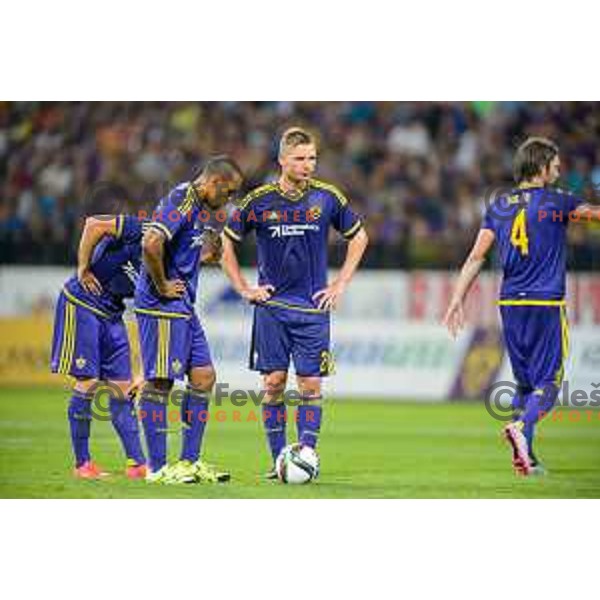 Agim Ibraimi, Marcos Tavares, Dare Vrsic, Mitja Suler in action during football match NK Maribor - FC Astana, Champions league qualification, 14.7.2015, Maribor, Ljudski Vrt
