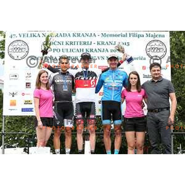 Mattia De marchi, Peter Kusztor, Matija Kvasina and Bostjan Trillar, Mayor of Kranj at Cycling Grand Prix Memorial Filip Majcen in Kranj, Slovenia on August 2, 2015