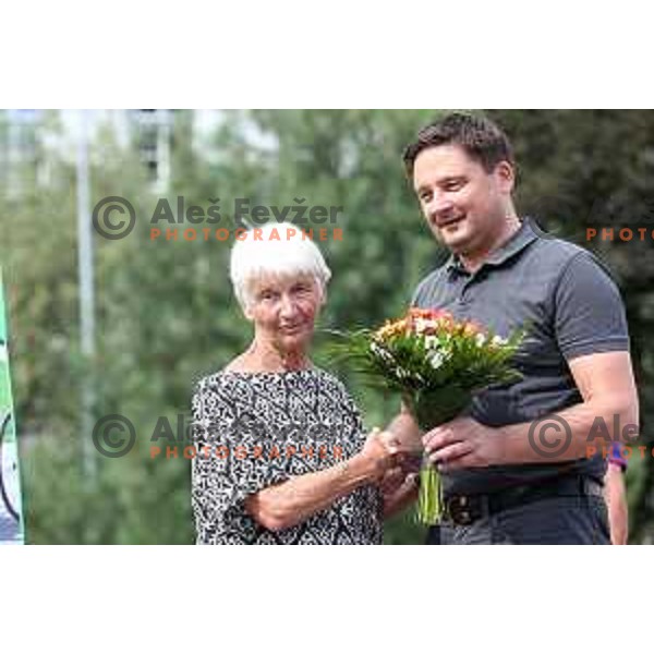 Nada Majcen and Bostjan Trillar, Mayor of Kranj at Cycling Grand Prix Memorial Filip Majcen in Kranj, Slovenia on August 2, 2015