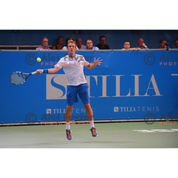 Grega Zemlja of Slovenia in action during first round men\'s singles at Tilia Slovenia Open, ATP Challenger in SRC Marina, Portoroz on August 11, 2015