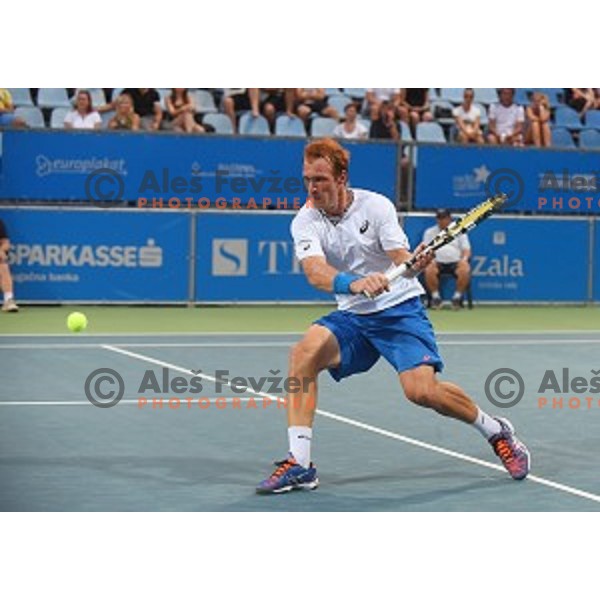 Grega Zemlja of Slovenia in action during first round men\'s singles at Tilia Slovenia Open, ATP Challenger in SRC Marina, Portoroz on August 11, 2015