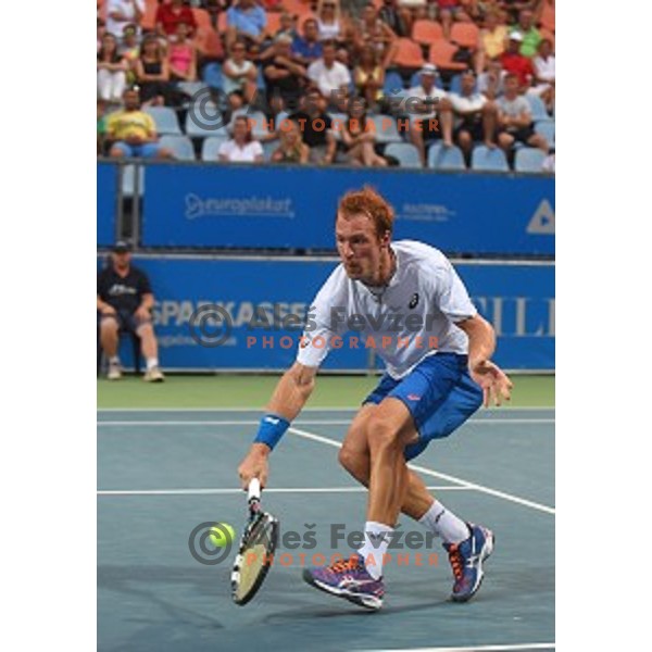 Grega Zemlja of Slovenia in action during first round men\'s singles at Tilia Slovenia Open, ATP Challenger in SRC Marina, Portoroz on August 11, 2015