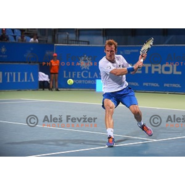 Grega Zemlja of Slovenia in action during first round men\'s singles at Tilia Slovenia Open, ATP Challenger in SRC Marina, Portoroz on August 11, 2015
