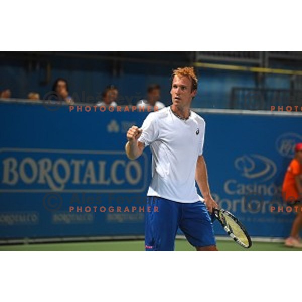 Grega Zemlja of Slovenia in action during first round men\'s singles at Tilia Slovenia Open, ATP Challenger in SRC Marina, Portoroz on August 11, 2015