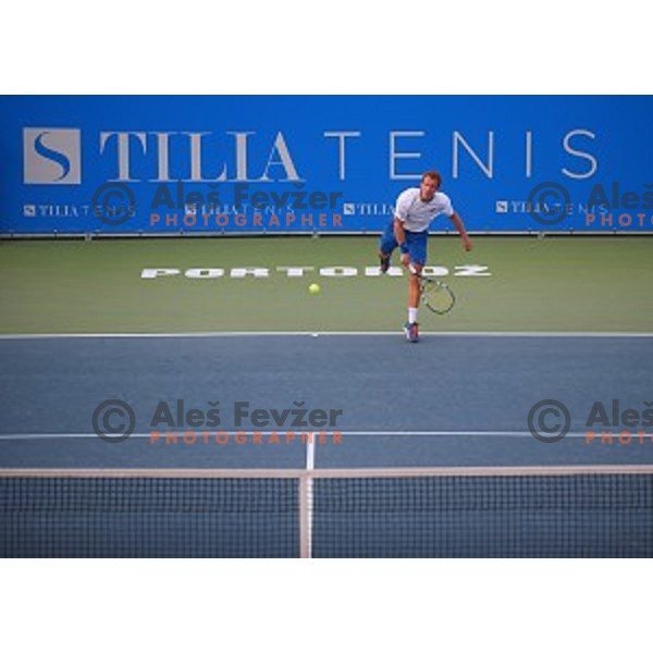 Grega Zemlja of Slovenia in action during first round men\'s singles at Tilia Slovenia Open, ATP Challenger in SRC Marina, Portoroz on August 11, 2015