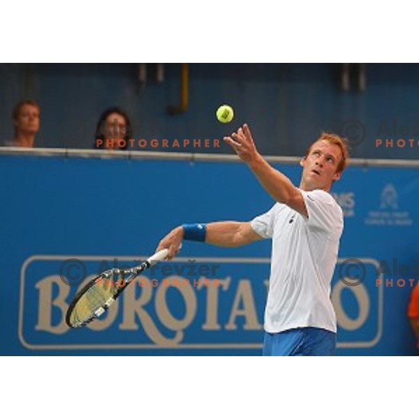 Grega Zemlja of Slovenia in action during first round men\'s singles at Tilia Slovenia Open, ATP Challenger in SRC Marina, Portoroz on August 11, 2015