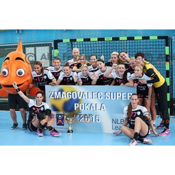 Players of Krim Mercator, winners of Slovenian Super Cup handball match Krim Mercator- Zelene Doline Zalec at SRC Marina, Portoroz on August 29, 2015