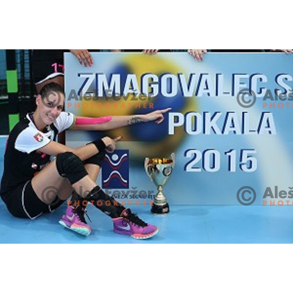 Players of Krim Mercator, winners of Slovenian Super Cup handball match Krim Mercator- Zelene Doline Zalec at SRC Marina, Portoroz on August 29, 2015