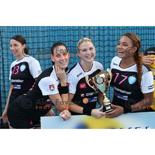 Players of Krim Mercator, winners of Slovenian Super Cup handball match Krim Mercator- Zelene Doline Zalec at SRC Marina, Portoroz on August 29, 2015