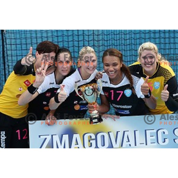 Players of Krim Mercator, winners of Slovenian Super Cup handball match Krim Mercator- Zelene Doline Zalec at SRC Marina, Portoroz on August 29, 2015