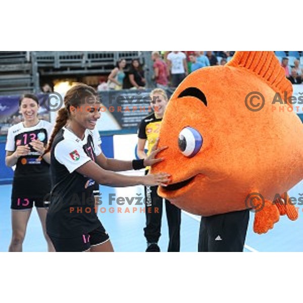 Players of Krim Mercator, winners of Slovenian Super Cup handball match Krim Mercator- Zelene Doline Zalec at SRC Marina, Portoroz on August 29, 2015