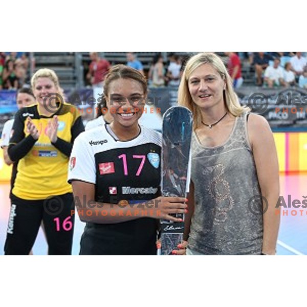 Players of Krim Mercator, winners of Slovenian Super Cup handball match Krim Mercator- Zelene Doline Zalec at SRC Marina, Portoroz on August 29, 2015