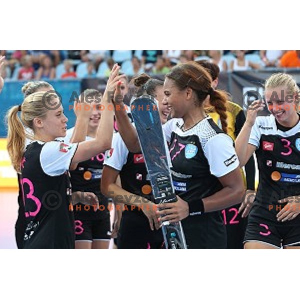 Players of Krim Mercator, winners of Slovenian Super Cup handball match Krim Mercator- Zelene Doline Zalec at SRC Marina, Portoroz on August 29, 2015