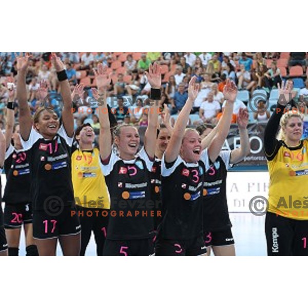 Players of Krim Mercator, winners of Slovenian Super Cup handball match Krim Mercator- Zelene Doline Zalec at SRC Marina, Portoroz on August 29, 2015