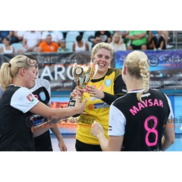 Players of Krim Mercator, winners of Slovenian Super Cup handball match Krim Mercator- Zelene Doline Zalec at SRC Marina, Portoroz on August 29, 2015