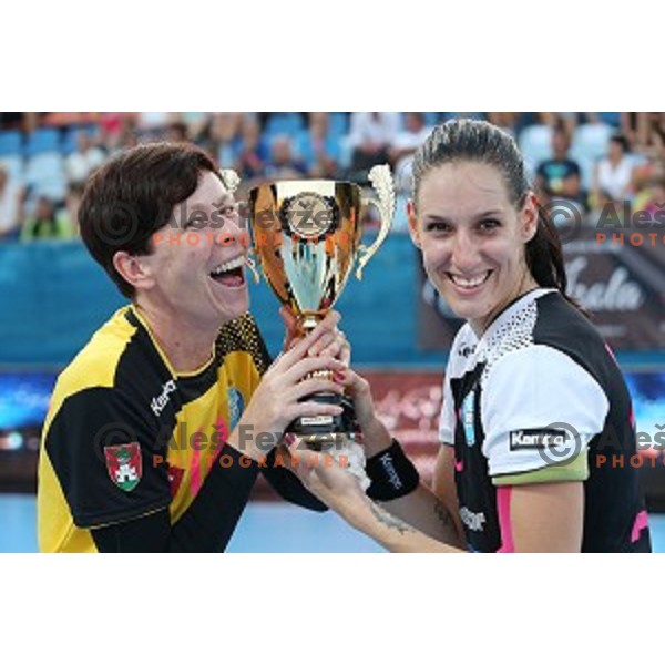 Players of Krim Mercator, winners of Slovenian Super Cup handball match Krim Mercator- Zelene Doline Zalec at SRC Marina, Portoroz on August 29, 2015