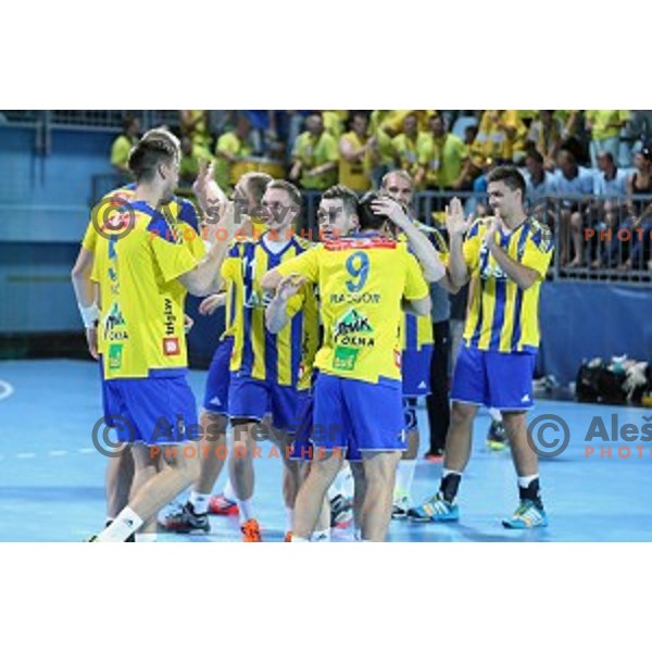 Players of Celje Pivovarna Lasko, winners of Slovenian Super Cup handball match between Celje Pivovarna Lasko and Gorenje Velenje at SRC Marina, Portoroz on August 29, 2015