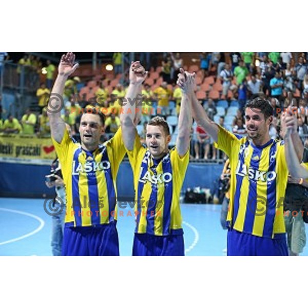 Luka Zvizej, Miha Zarabec of Celje Pivovarna Lasko, winners of Slovenian Super Cup handball match between Celje Pivovarna Lasko and Gorenje Velenje at SRC Marina, Portoroz on August 29, 2015