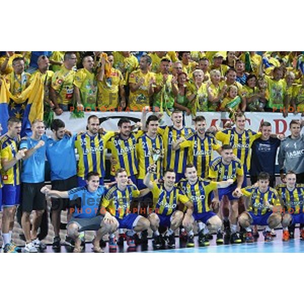 Players of Celje Pivovarna Lasko, winners of Slovenian Super Cup handball match between Celje Pivovarna Lasko and Gorenje Velenje at SRC Marina, Portoroz on August 29, 2015