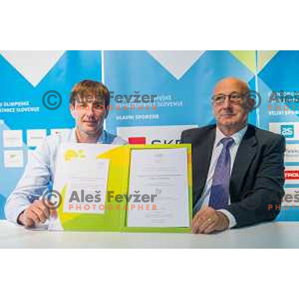 Iztok Cop and Bogdan Gabrovec during press conference of Olympic Committee of Slovenia, Kristalna palaca, Ljubljana, Slovenia, September 10th, 2015.