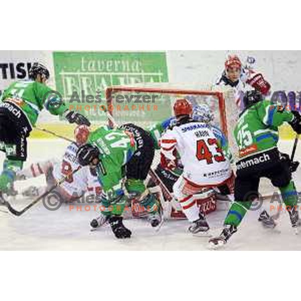 of Telemach Olimpija in action during ice-hockey match Telemach Olimpija-TWK Innsbruck in first round of EBEL league 2015/2016 in Hala Tivoli, Ljubljana, Slovenia on September 12, 2015