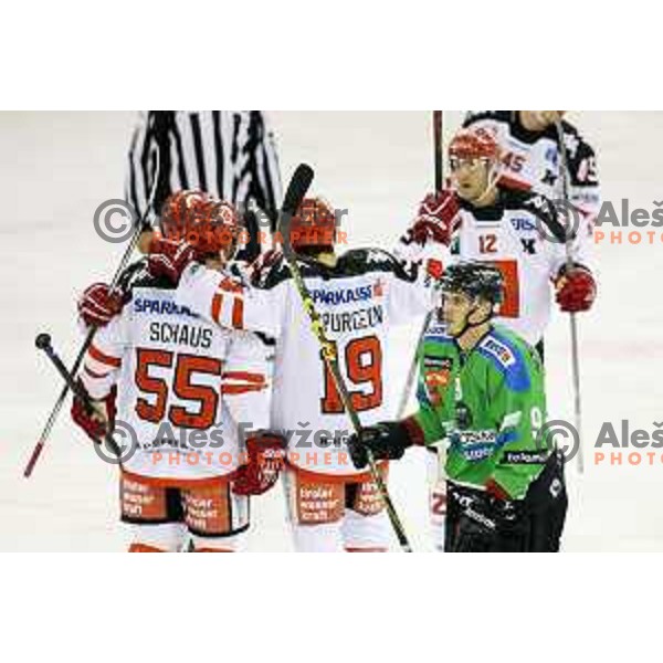 of Telemach Olimpija in action during ice-hockey match Telemach Olimpija-TWK Innsbruck in first round of EBEL league 2015/2016 in Hala Tivoli, Ljubljana, Slovenia on September 12, 2015