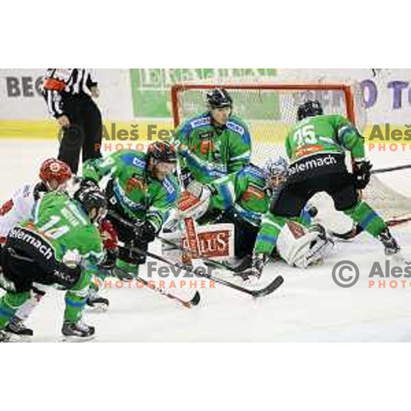 of Telemach Olimpija in action during ice-hockey match Telemach Olimpija-TWK Innsbruck in first round of EBEL league 2015/2016 in Hala Tivoli, Ljubljana, Slovenia on September 12, 2015