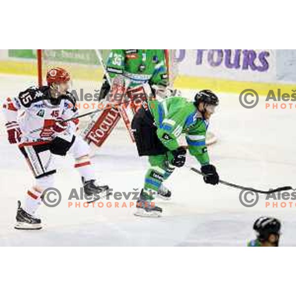of Telemach Olimpija in action during ice-hockey match Telemach Olimpija-TWK Innsbruck in first round of EBEL league 2015/2016 in Hala Tivoli, Ljubljana, Slovenia on September 12, 2015