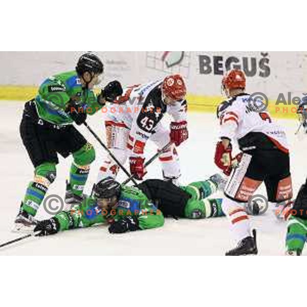 of Telemach Olimpija in action during ice-hockey match Telemach Olimpija-TWK Innsbruck in first round of EBEL league 2015/2016 in Hala Tivoli, Ljubljana, Slovenia on September 12, 2015