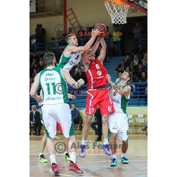 Luka Lapornik of Krka and Stanko Sebic in action during Slovenian SuperCup basketball match between Tajfun and Krka in Poden Hall, Skofja Loka on September 26, 2015