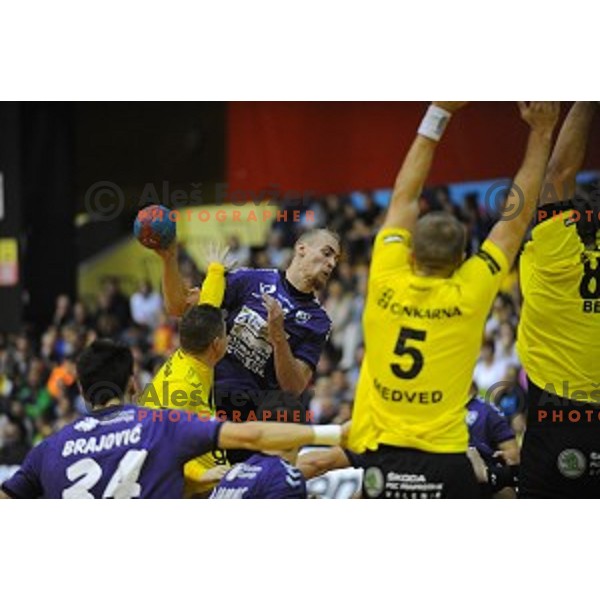 action during handball match Gorenje Velenje- Maribor in Red Hall, Velenje, Slovenia on October 3, 2015