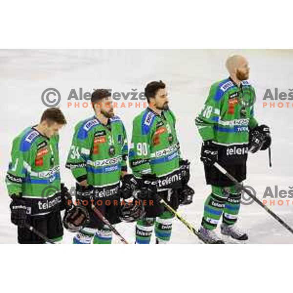 of Telemach Olimpija in action during ice-hockey match Telemach Olimpija-KAC in EBEL league 2015/2016 in Hala Tivoli, Ljubljana, Slovenia on October 9, 2015