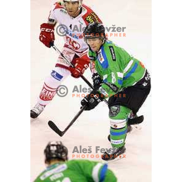 of Telemach Olimpija in action during ice-hockey match Telemach Olimpija-KAC in EBEL league 2015/2016 in Hala Tivoli, Ljubljana, Slovenia on October 9, 2015