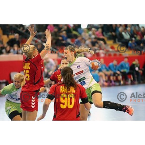 action during women\'s European Championship qualification handball match between Slovenia and Montenegro, Kodeljevo Hall, Ljubljana on October 11, 2015