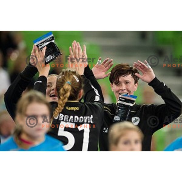 Krim players in action during handball match between Krim Mercator - HCM Baia Mare, EHF Women\'s Champions League, Stozice, Ljubljana, 16.10.2015