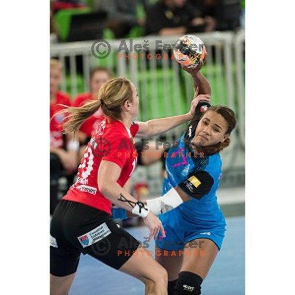 Elizabeth Omoregie in action during handball match between Krim Mercator - HCM Baia Mare, EHF Women\'s Champions League, Stozice, Ljubljana, 16.10.2015