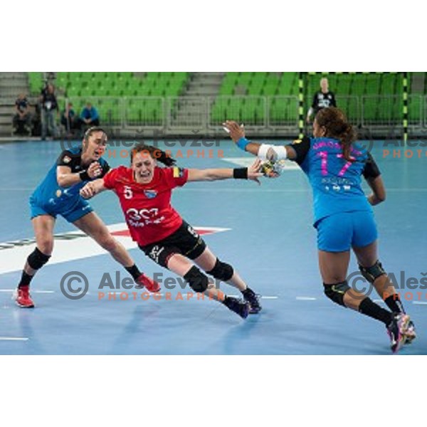 Vesna Milanovic Litre, Elizabeth Omoregie in action during handball match between Krim Mercator - HCM Baia Mare, EHF Women\'s Champions League, Stozice, Ljubljana, 16.10.2015