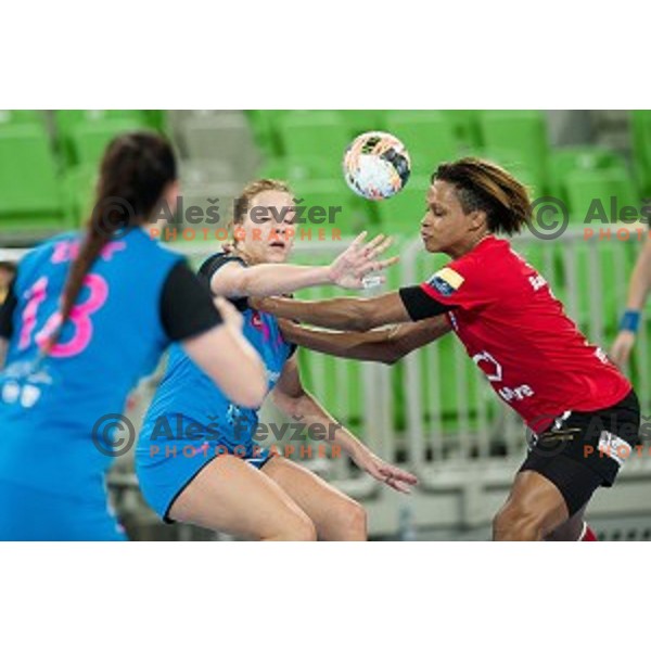 Marija Obradovic, Elizabeth, Alison Pineau in action during handball match between Krim Mercator - HCM Baia Mare, EHF Women\'s Champions League, Stozice, Ljubljana, 16.10.2015