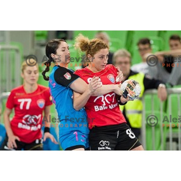 Mirjeta Bajramoska, Patricia Vizitu in action during handball match between Krim Mercator - HCM Baia Mare, EHF Women\'s Champions League, Stozice, Ljubljana, 16.10.2015