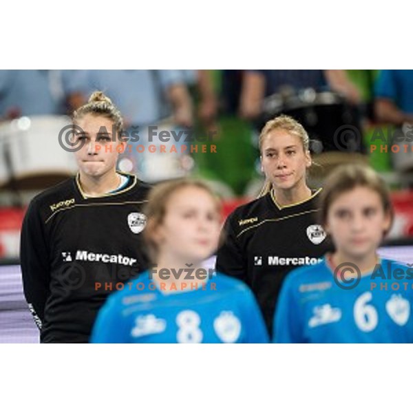 Aneja Beganovic, Polona Baric in action during handball match between Krim Mercator - HCM Baia Mare, EHF Women\'s Champions League, Stozice, Ljubljana, 16.10.2015