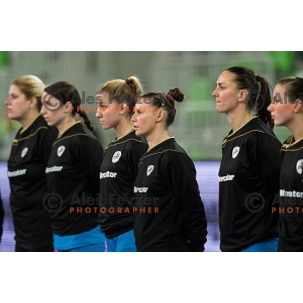 Krim players in action during handball match between Krim Mercator - HCM Baia Mare, EHF Women\'s Champions League, Stozice, Ljubljana, 16.10.2015