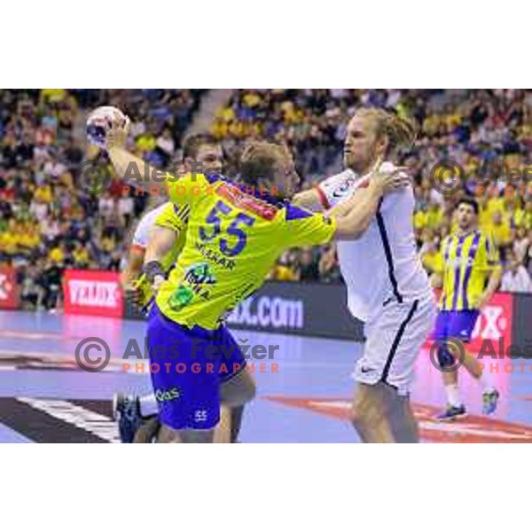 Ziga Mlakar of Celje Pivovarna Lasko in action during EHF Champions league match Between Celje PL and Paris Saint Germain in Zlatorog Hall, Celje, Slovenia on October 18, 2015