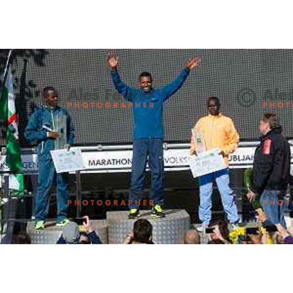 Wami Mulugeta (ETH), Getachew Limenih (ETH), and Rutto Samuel (KEN) after 20.Volkswagen Ljubljana Marathon, Slovenia on October 25, 2015.