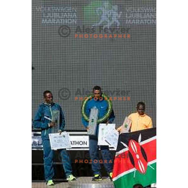 Wami Mulugeta (ETH), Getachew Limenih (ETH), and Rutto Samuel (KEN) after 20.Volkswagen Ljubljana Marathon, Slovenia on October 25, 2015.