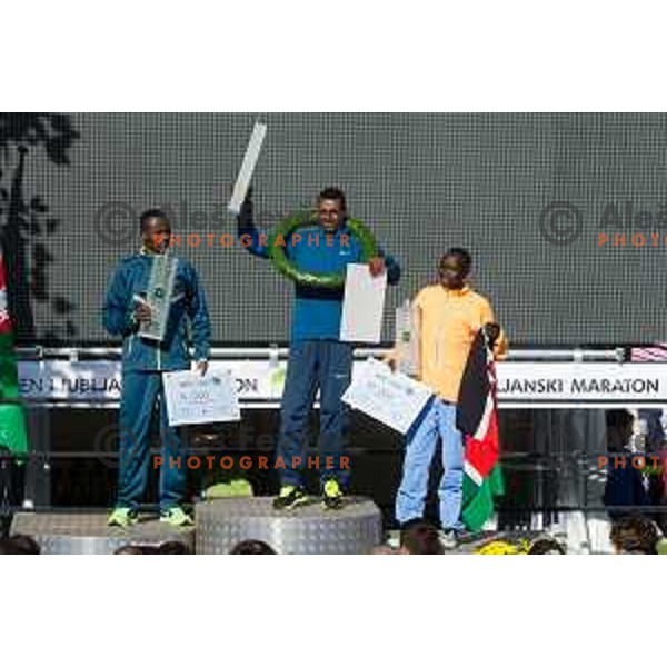 Wami Mulugeta (ETH), Getachew Limenih (ETH), and Rutto Samuel (KEN) after 20.Volkswagen Ljubljana Marathon, Slovenia on October 25, 2015.