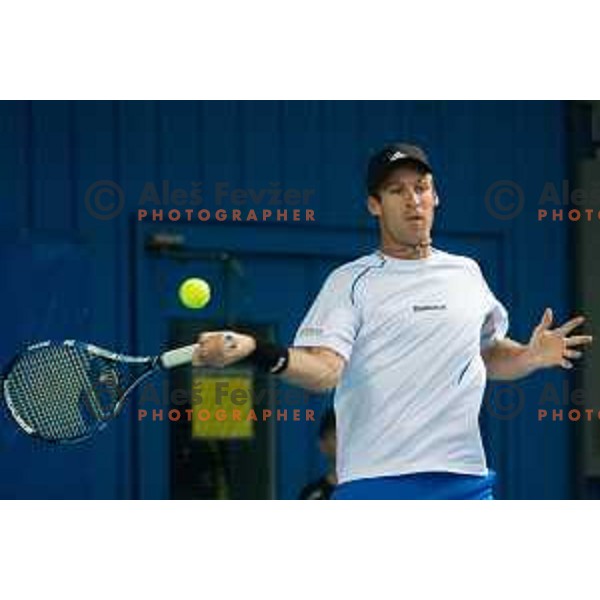 Grega Zemlja of Slovenia in action during Davis Cup match between Slovenia and Lithuania in Kranj, Slovenia on October 30, 2015.