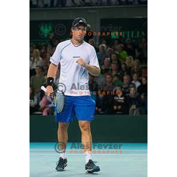Grega Zemlja of Slovenia in action during Davis Cup match between Slovenia and Lithuania in Kranj, Slovenia on October 30, 2015.