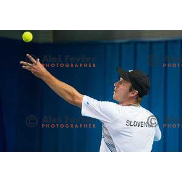 Grega Zemlja of Slovenia in action during Davis Cup match between Slovenia and Lithuania in Kranj, Slovenia on October 30, 2015.